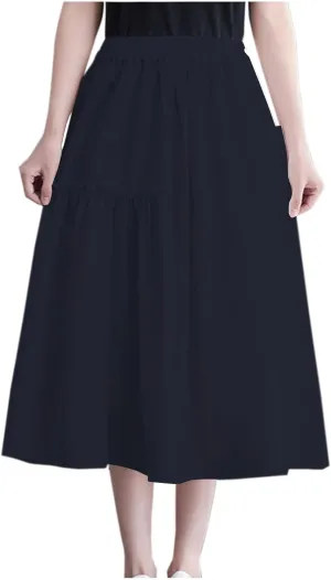 2024 Summer Skirt for Women Casual Pleated Elegant Solid Color Midi Skirts Elastic Waist Flowy Skirt with Pocket