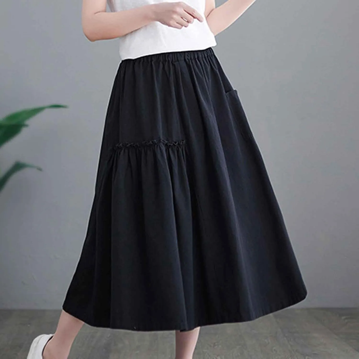 2024 Summer Skirt for Women Casual Pleated Elegant Solid Color Midi Skirts Elastic Waist Flowy Skirt with Pocket