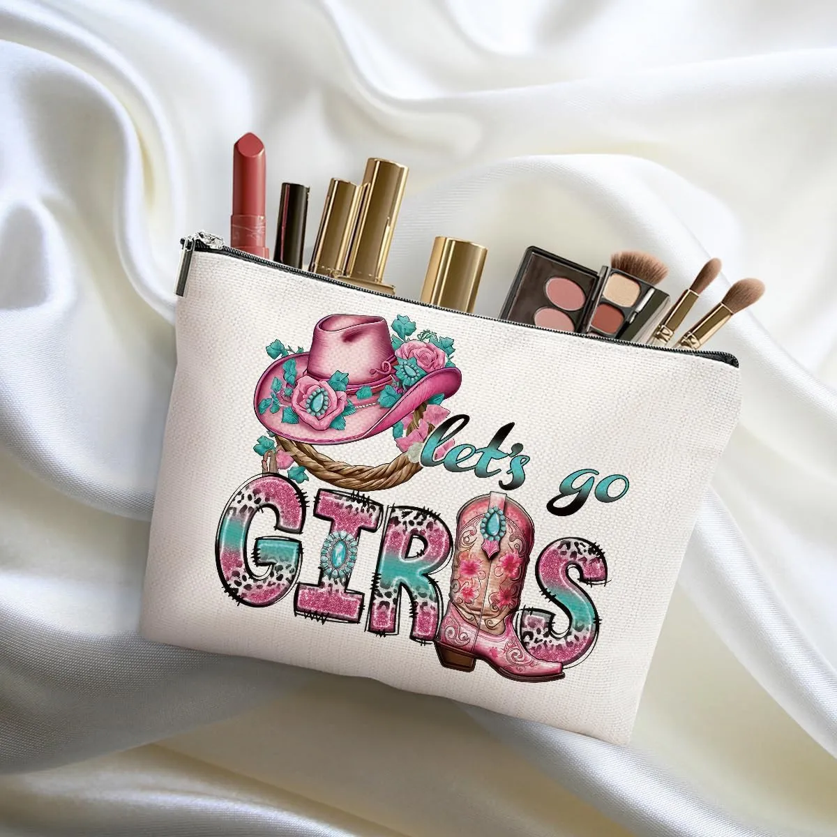 2pcs Western Makeup Bag, Let's Go Girls Cowgirl Hat Boots Cosmetic Bag Cowgirl Gifts for Women Female Girls Sister BFF, Cowboy Boots Gifts Christmas Birthday Gift, Western Stuff Travel Toiletry Bags