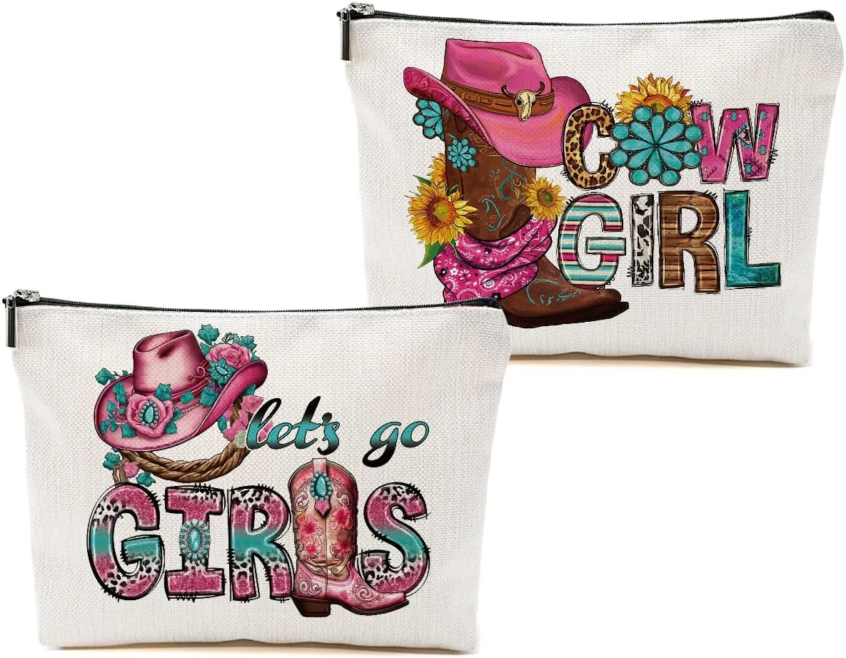 2pcs Western Makeup Bag, Let's Go Girls Cowgirl Hat Boots Cosmetic Bag Cowgirl Gifts for Women Female Girls Sister BFF, Cowboy Boots Gifts Christmas Birthday Gift, Western Stuff Travel Toiletry Bags