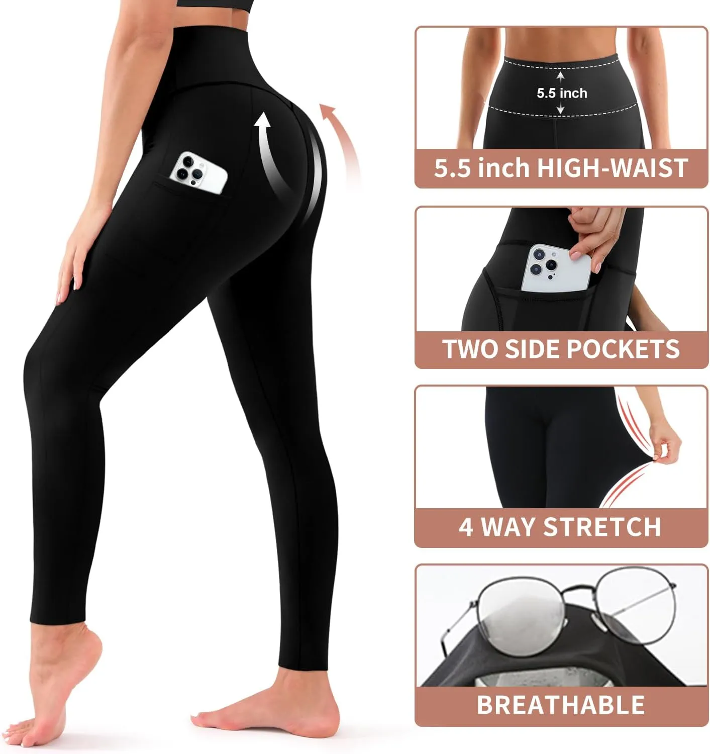 4 Pack Leggings for Women Butt Lift High Waisted Tummy Control No See-Through Yoga Pants Workout Running Leggings