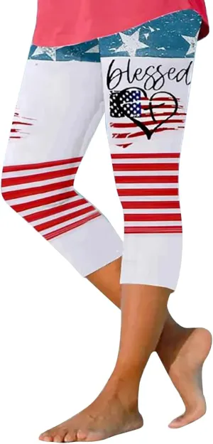 4th of July Capri Leggings for Women American Flag Patterned Patriotic Pants High Waist Workout Yoga Leggings