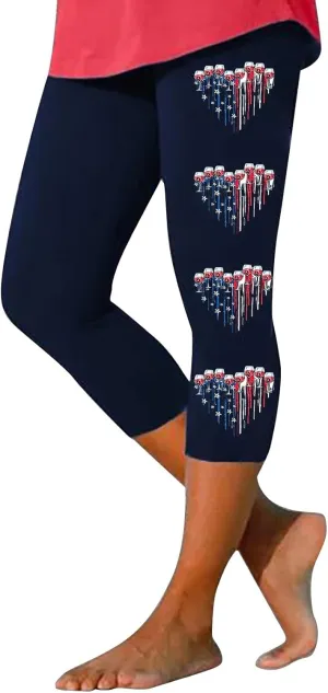 4th of July Capri Leggings for Women American Flag Patterned Patriotic Pants High Waist Workout Yoga Leggings