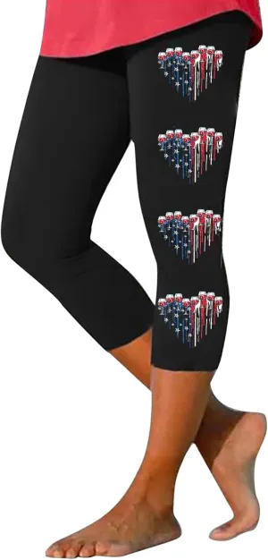 4th of July Capri Leggings for Women American Flag Patterned Patriotic Pants High Waist Workout Yoga Leggings