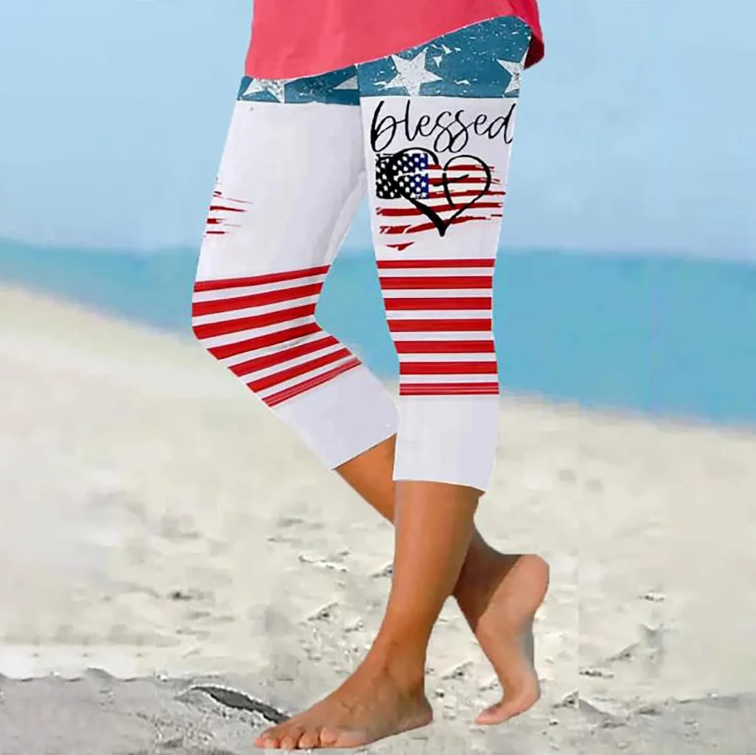 4th of July Capri Leggings for Women American Flag Patterned Patriotic Pants High Waist Workout Yoga Leggings