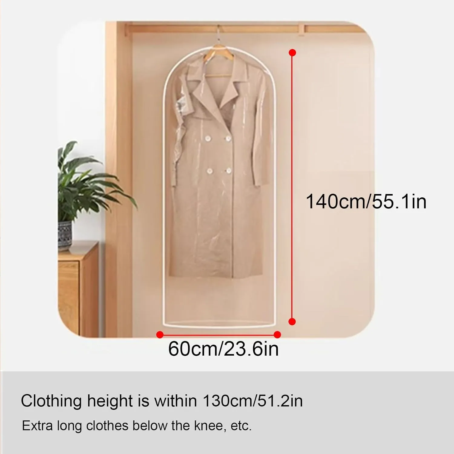 5 Pack Garment Bags for Hanging Clothes, Clear Garment Covers, Open Bottom Dust Proof Clothes Bag with Zipper, for Closet Storage and Travel(60x140cm)