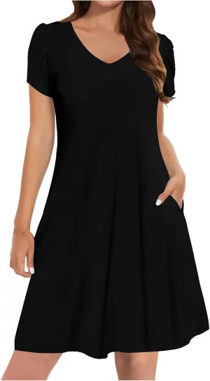 A Line Dresses for Women 2025 Summer Casual V Neck Short Sleeve Dress Cute Pockets Beach Loose Fit Sundress Outfits