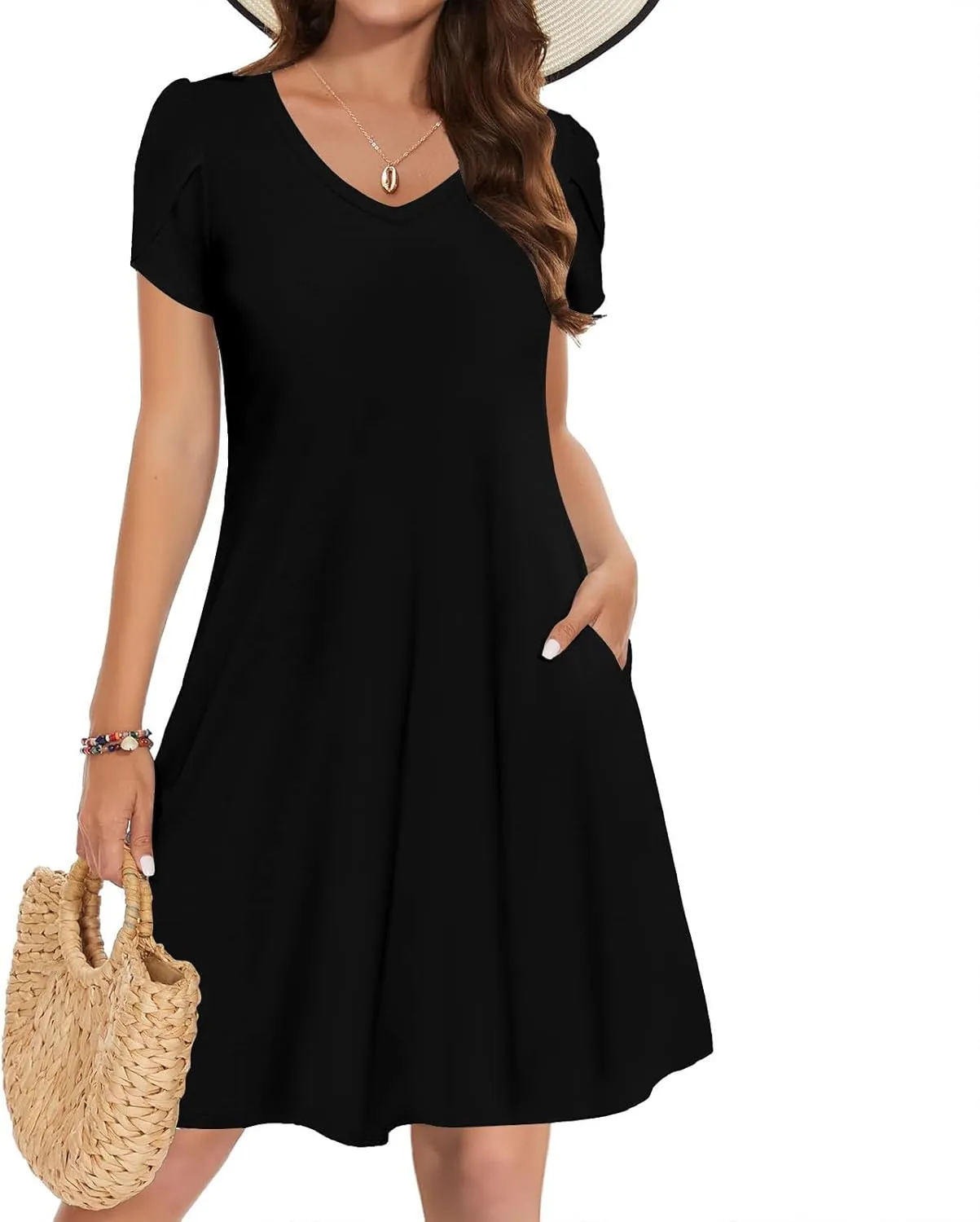 A Line Dresses for Women 2025 Summer Casual V Neck Short Sleeve Dress Cute Pockets Beach Loose Fit Sundress Outfits
