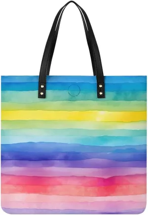 Abstract Colorful Stripe Rainbow Tote Bags PU Leather Top Handle Satchel Handbags Shoulder Bags Travel Purse for Women Men