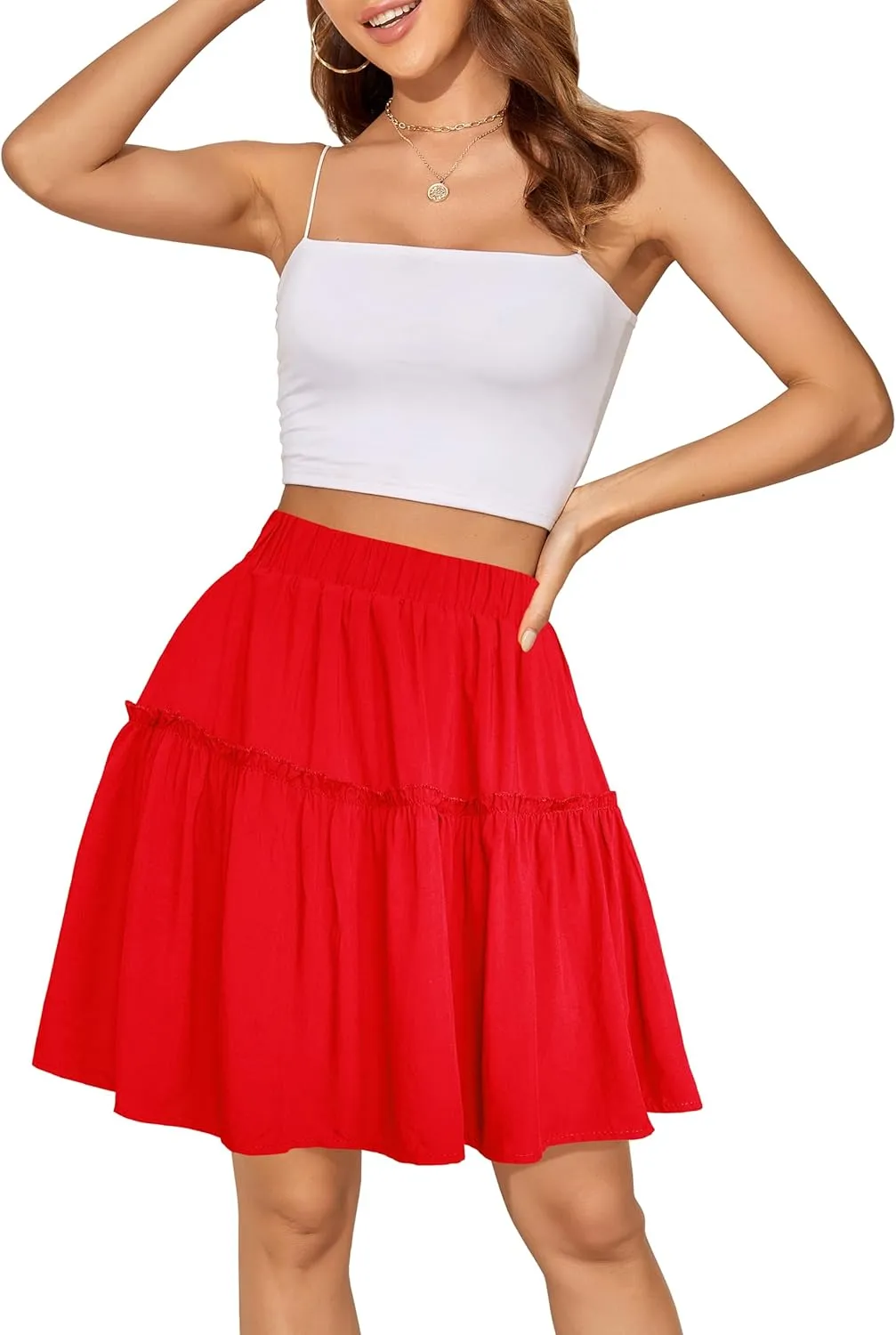 Afibi Women's Summer High Waist Floral Layered Ruffle Pleated Beach Mini Skirt