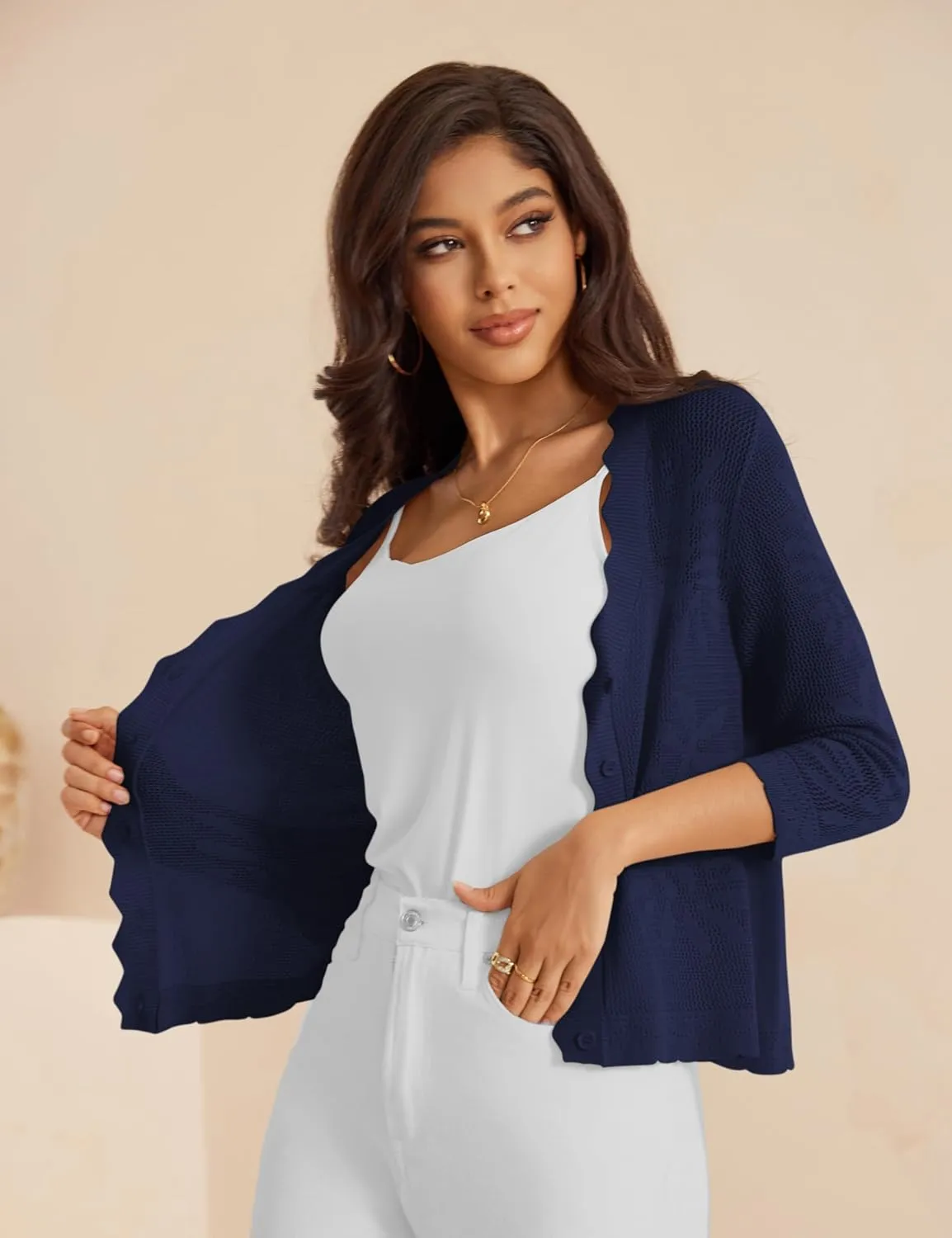 a.Jesdani Women's Cropped Cardigan Sweaters Trendy Lightweight 3/4 Sleeve Button Down Textured Shrugs Top