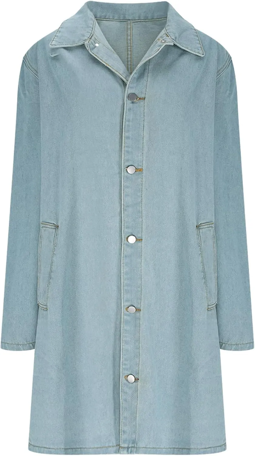 Akklian Mens Long Denim Trench Coat Classic Lapel Button Down Cardigan Long Sleeve Casual Jean Jacket 2024 Fashion Overcoat