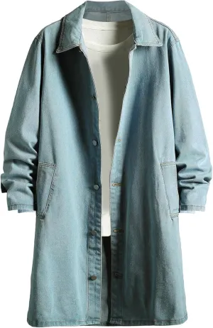 Akklian Mens Long Denim Trench Coat Classic Lapel Button Down Cardigan Long Sleeve Casual Jean Jacket 2024 Fashion Overcoat