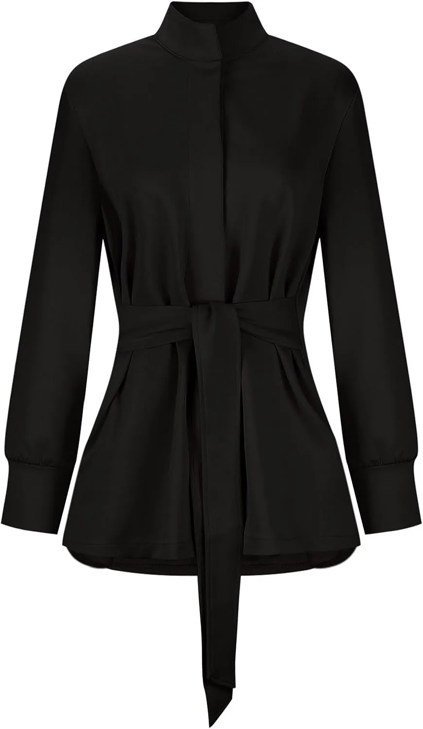 Akklian Womens Jacket Casual Long Sleeve Belted Wrap Trench Coat 2024 Fall Fashion Button Up Cropped Outerwear with Pockets