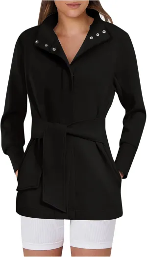 Akklian Womens Jacket Casual Long Sleeve Belted Wrap Trench Coat 2024 Fall Fashion Button Up Cropped Outerwear with Pockets