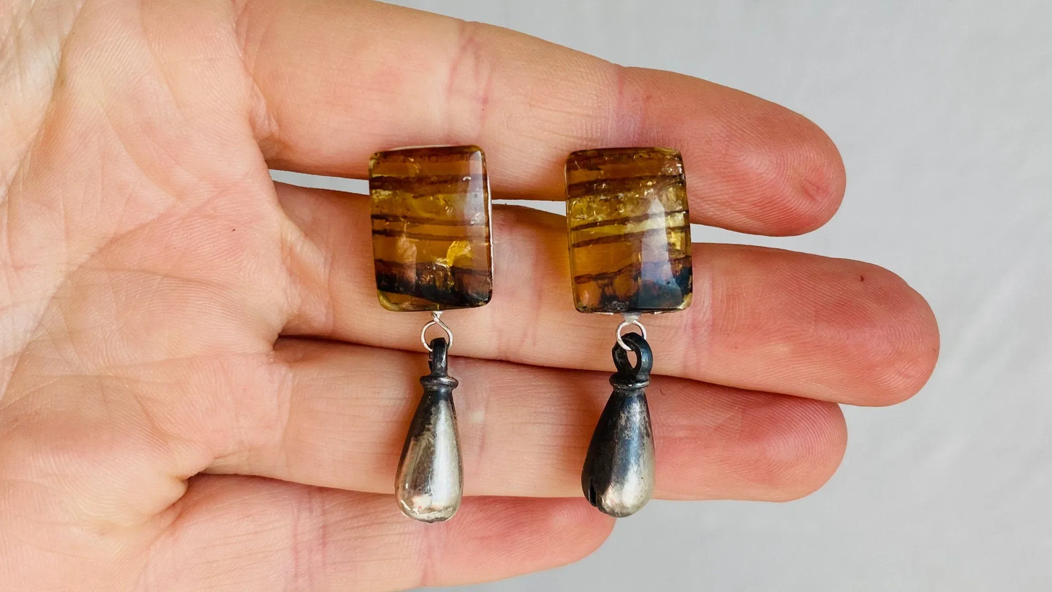 Amber Earrings. Monte Alban Reproduction Bells. Sterling Silver. 0175