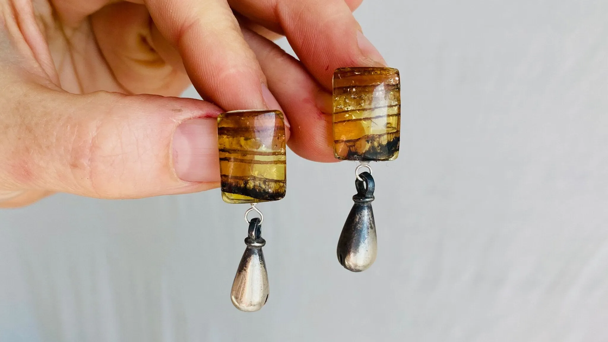 Amber Earrings. Monte Alban Reproduction Bells. Sterling Silver. 0175