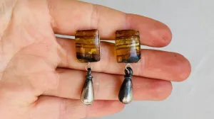 Amber Earrings. Monte Alban Reproduction Bells. Sterling Silver. 0175