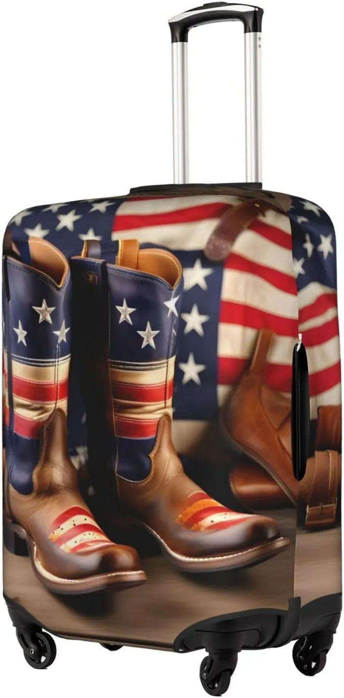 American Flag with Cowboy Boots Print Universal Suitcase Cover Elastic Washable Travel Luggage Protector Adult Luggage