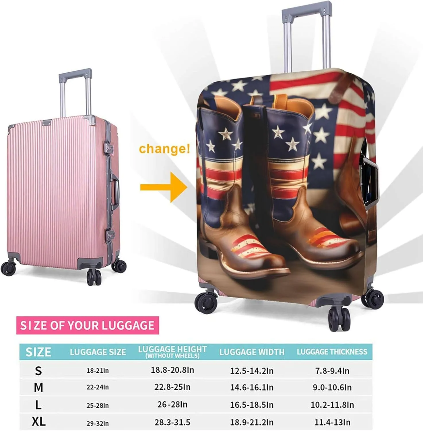 American Flag with Cowboy Boots Print Universal Suitcase Cover Elastic Washable Travel Luggage Protector Adult Luggage