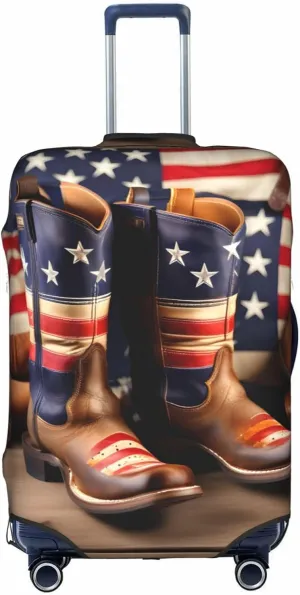 American Flag with Cowboy Boots Print Universal Suitcase Cover Elastic Washable Travel Luggage Protector Adult Luggage