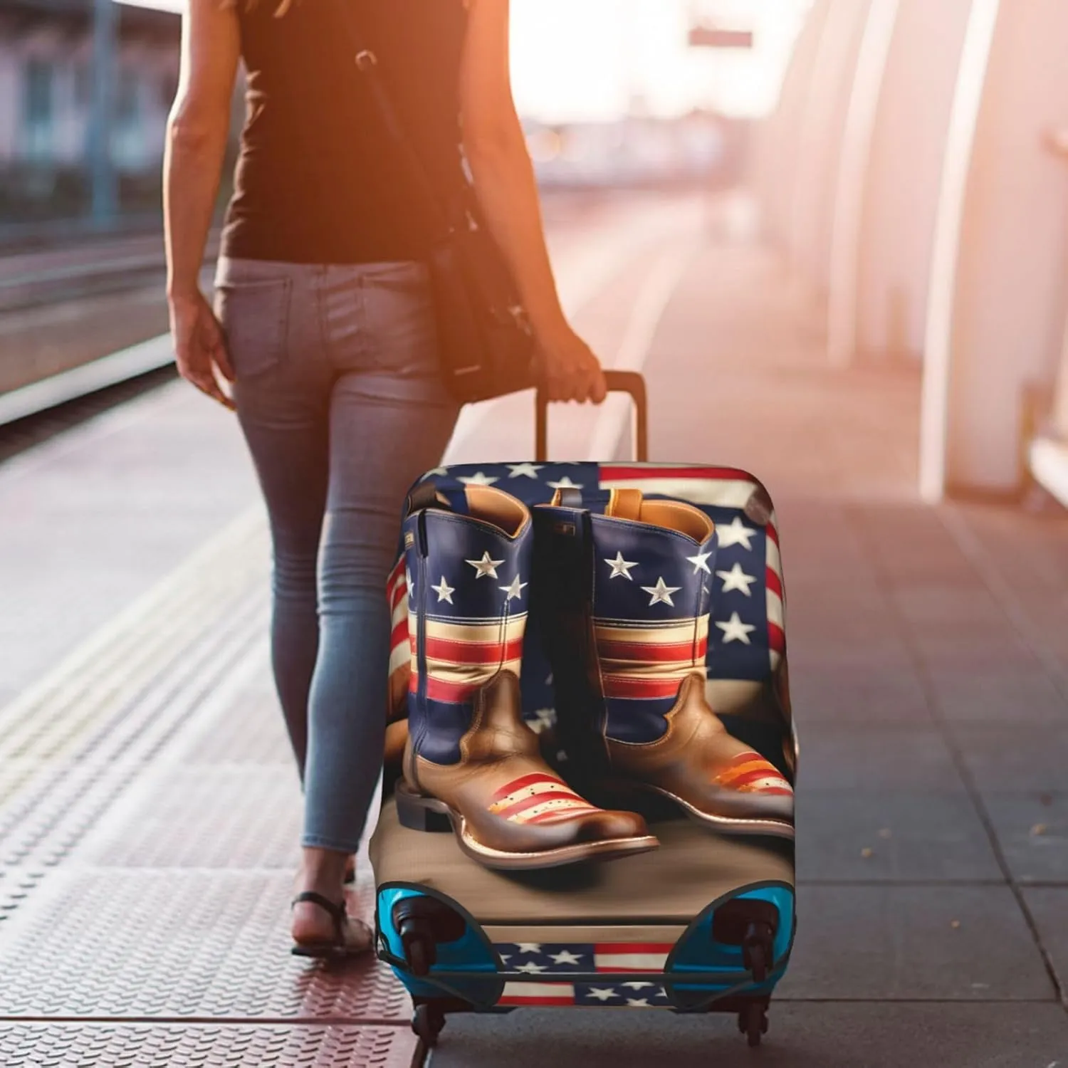 American Flag with Cowboy Boots Print Universal Suitcase Cover Elastic Washable Travel Luggage Protector Adult Luggage