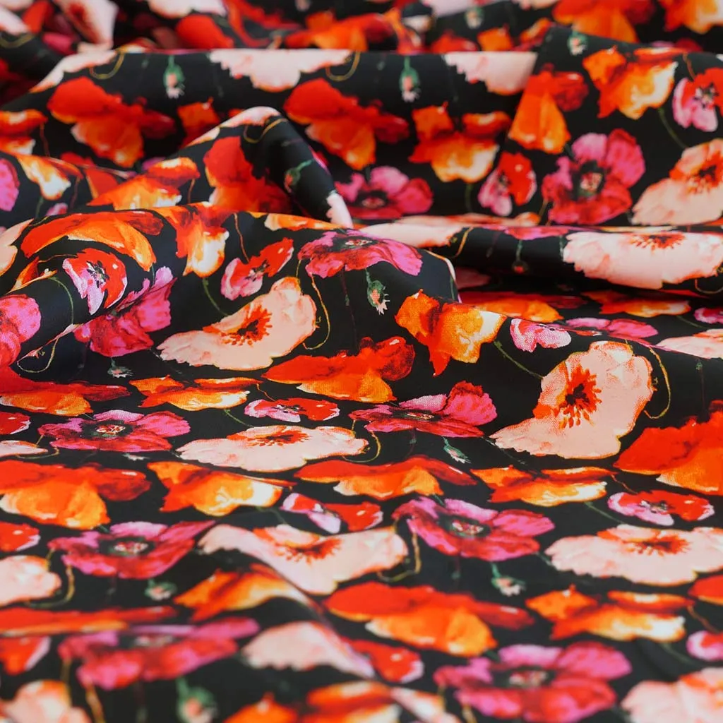 Antibes - Black Poppies Cotton Elastane Stretch Sateen Woven Fabric Sample