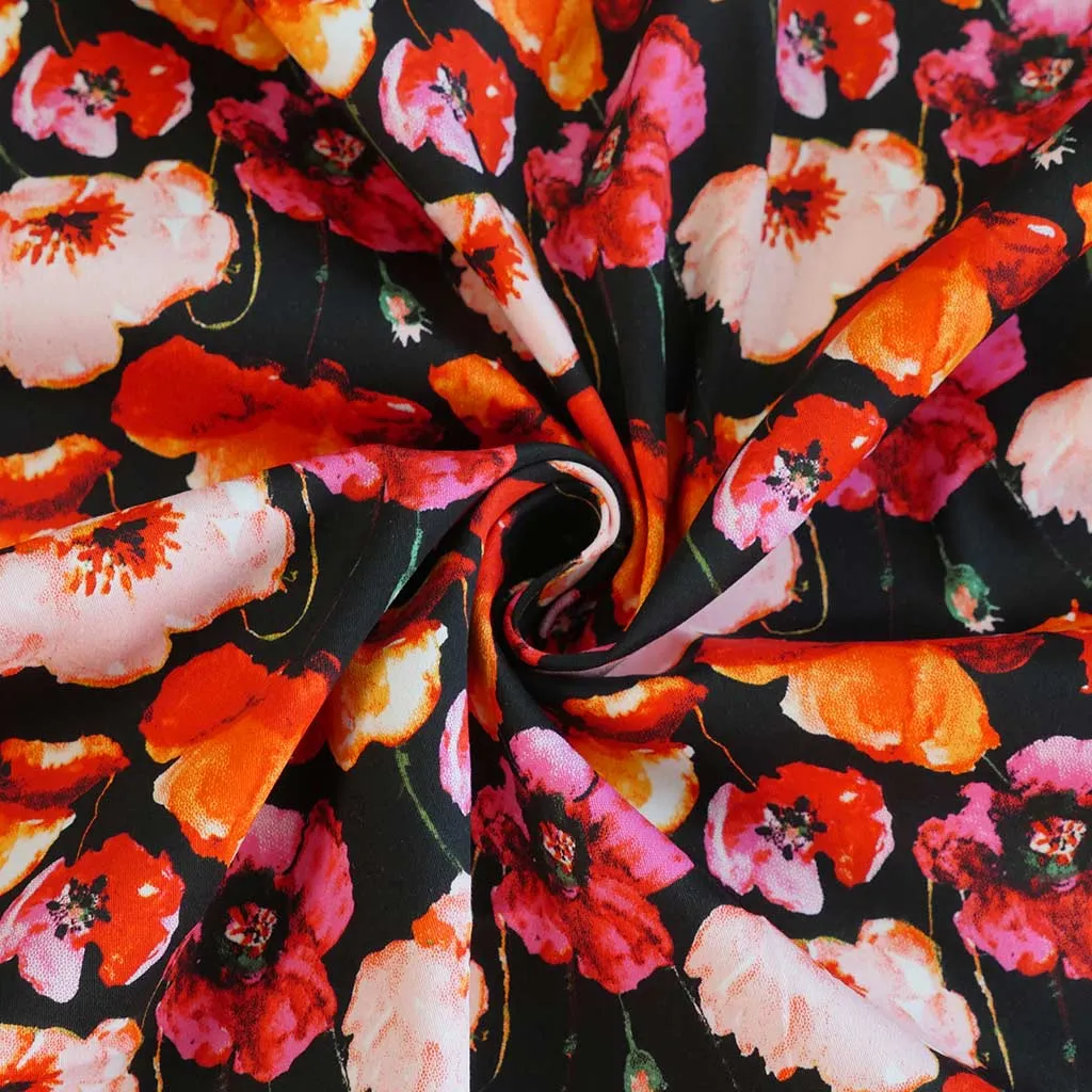 Antibes - Black Poppies Cotton Elastane Stretch Sateen Woven Fabric Sample