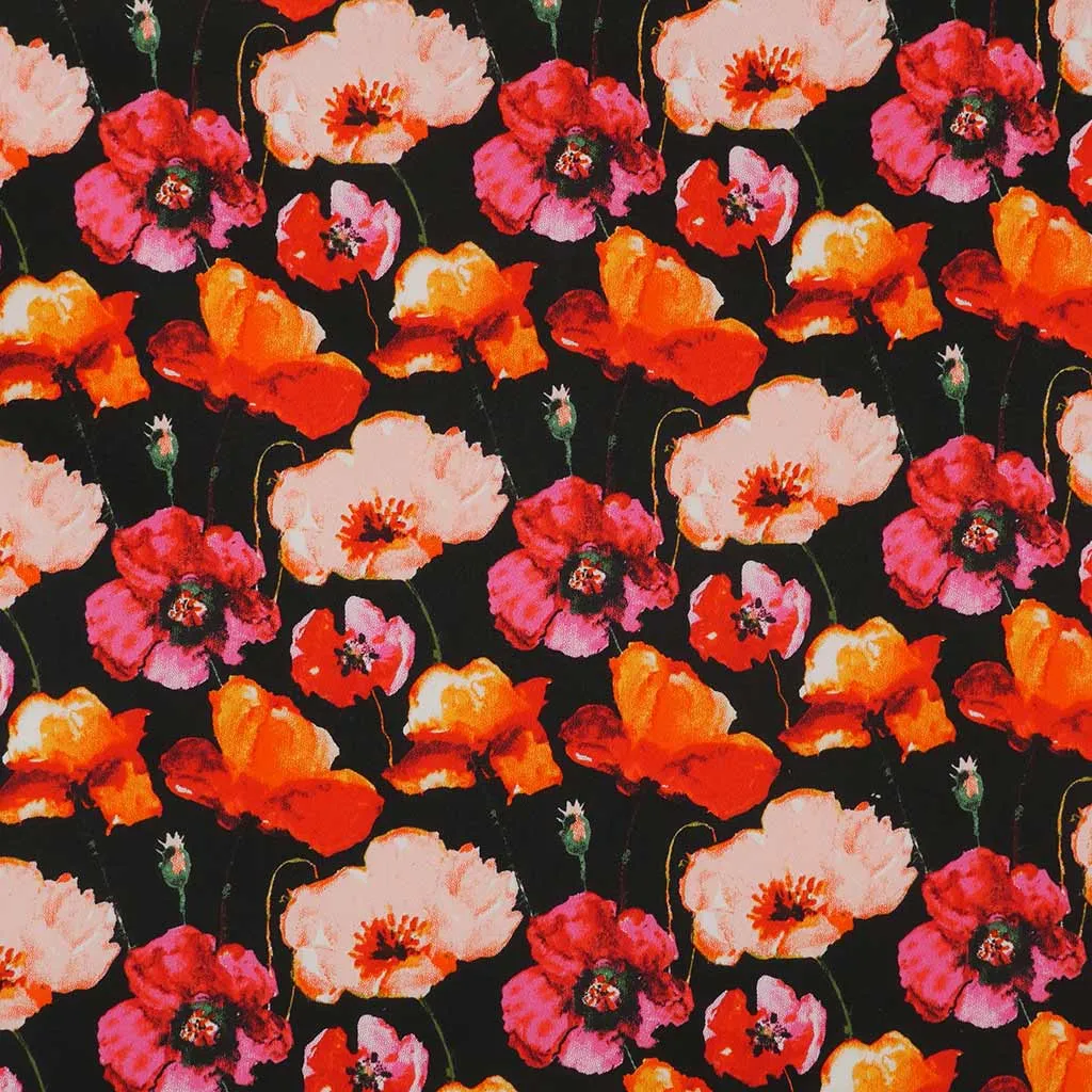 Antibes - Black Poppies Cotton Elastane Stretch Sateen Woven Fabric Sample