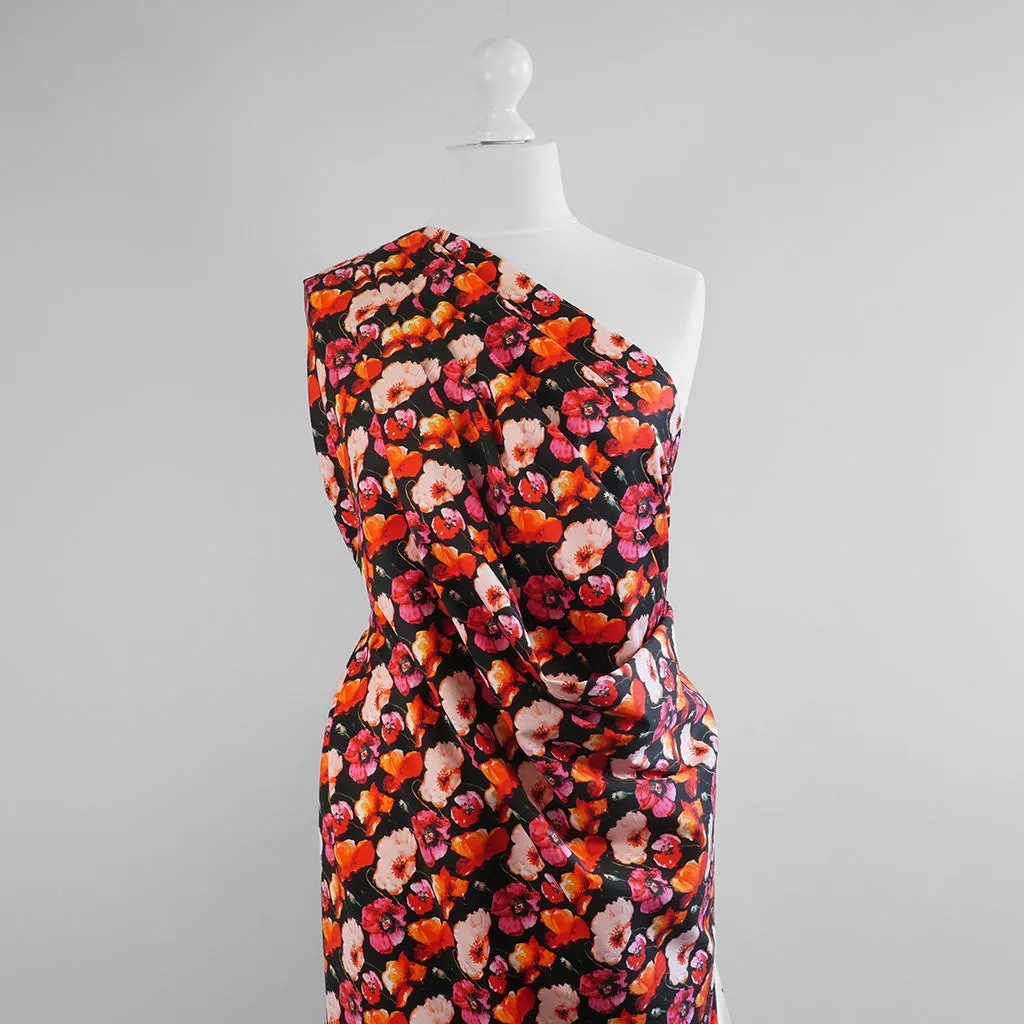 Antibes - Black Poppies Cotton Elastane Stretch Sateen Woven Fabric Sample