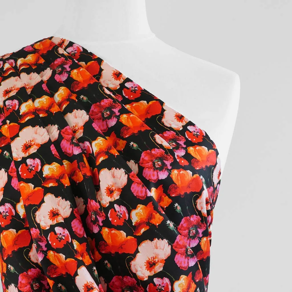 Antibes - Black Poppies Cotton Elastane Stretch Sateen Woven Fabric Sample