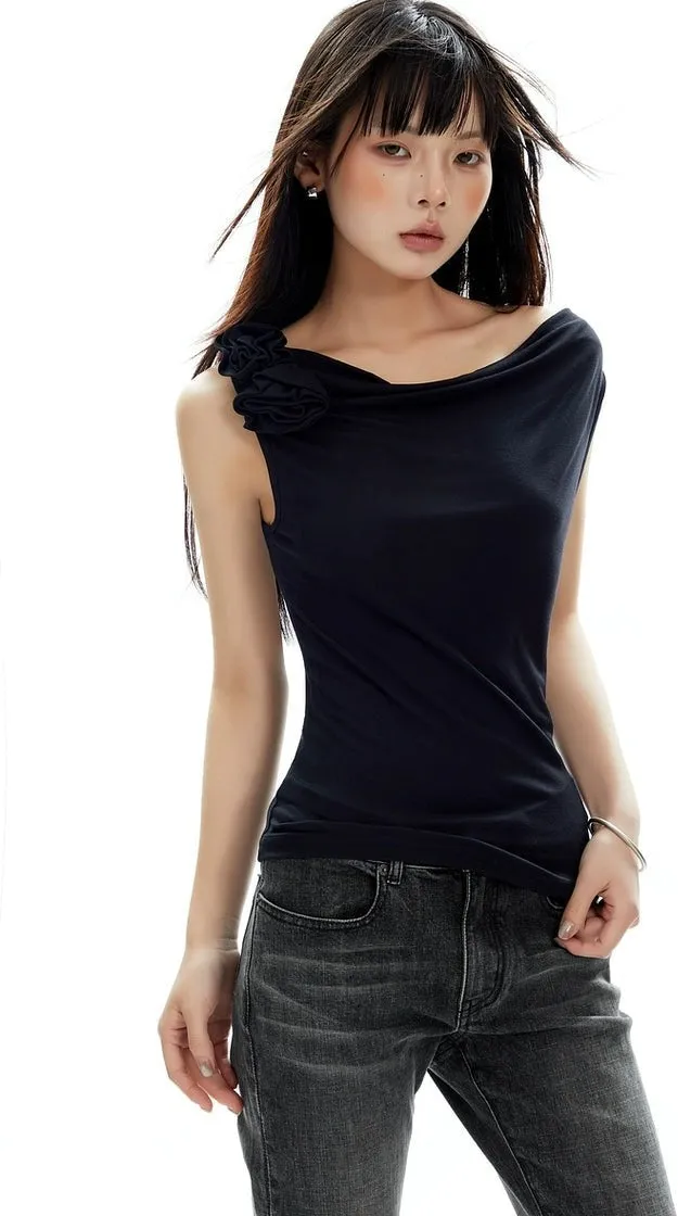 Asymmetrical Shoulder Ruffle Trim Top