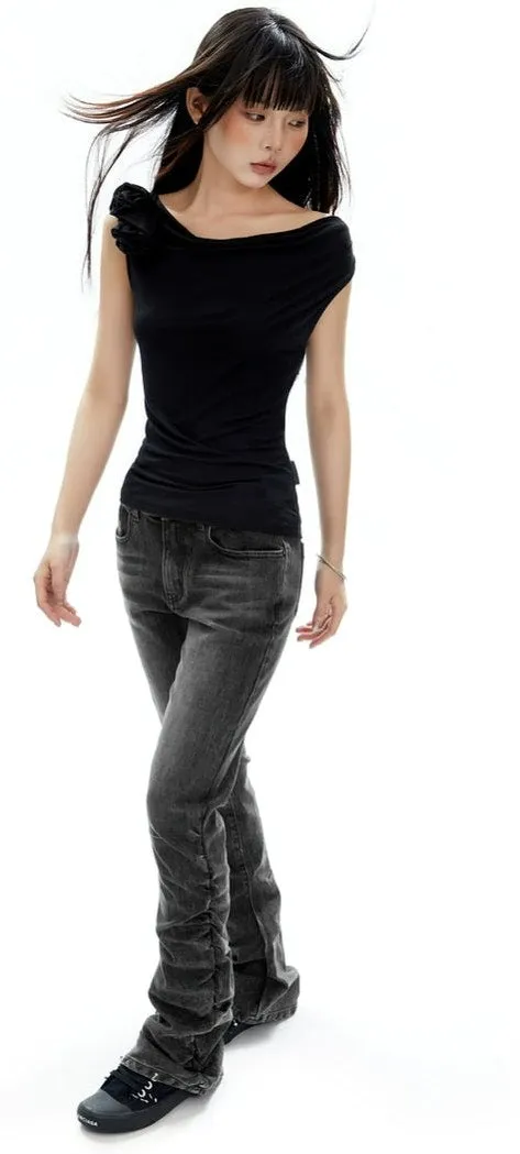 Asymmetrical Shoulder Ruffle Trim Top