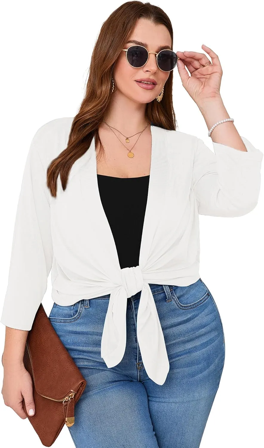 AusLook Women's Plus Size Lightweight Open Front Cardigan 3/4 Sleeve Cover Ups Shrugs Shawls and Wraps Kimono Jacket Coat