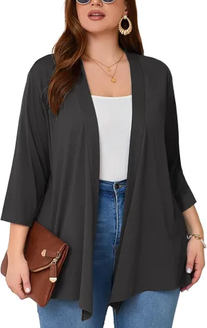 AusLook Women's Plus Size Lightweight Open Front Cardigan 3/4 Sleeve Cover Ups Shrugs Shawls and Wraps Kimono Jacket Coat