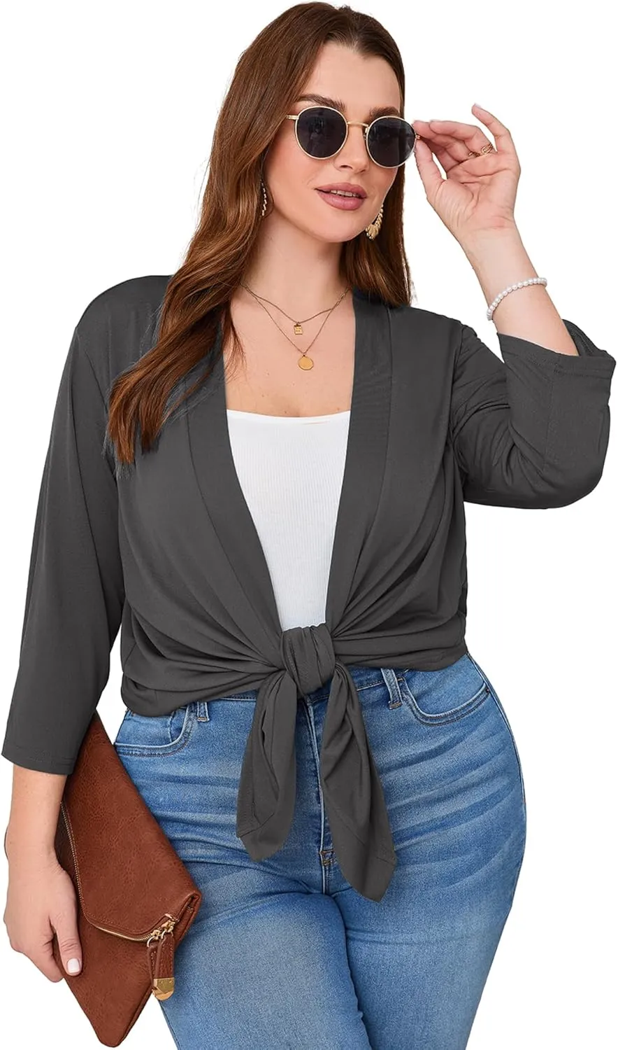 AusLook Women's Plus Size Lightweight Open Front Cardigan 3/4 Sleeve Cover Ups Shrugs Shawls and Wraps Kimono Jacket Coat
