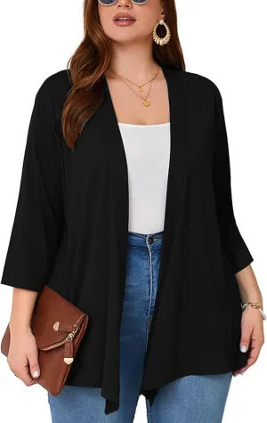 AusLook Women's Plus Size Lightweight Open Front Cardigan 3/4 Sleeve Cover Ups Shrugs Shawls and Wraps Kimono Jacket Coat