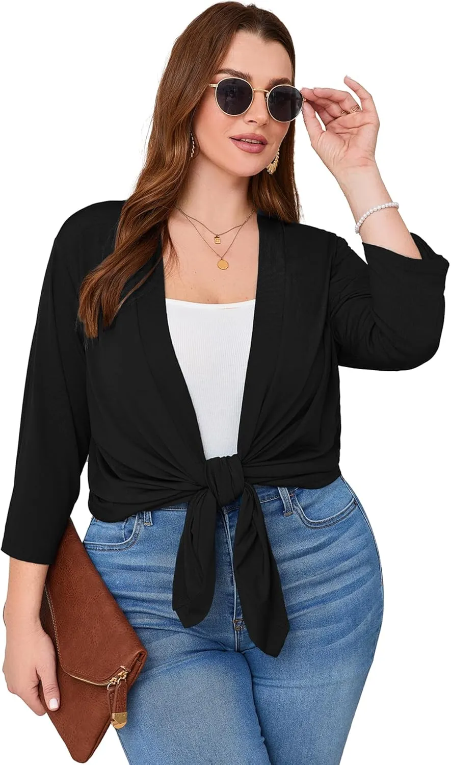 AusLook Women's Plus Size Lightweight Open Front Cardigan 3/4 Sleeve Cover Ups Shrugs Shawls and Wraps Kimono Jacket Coat