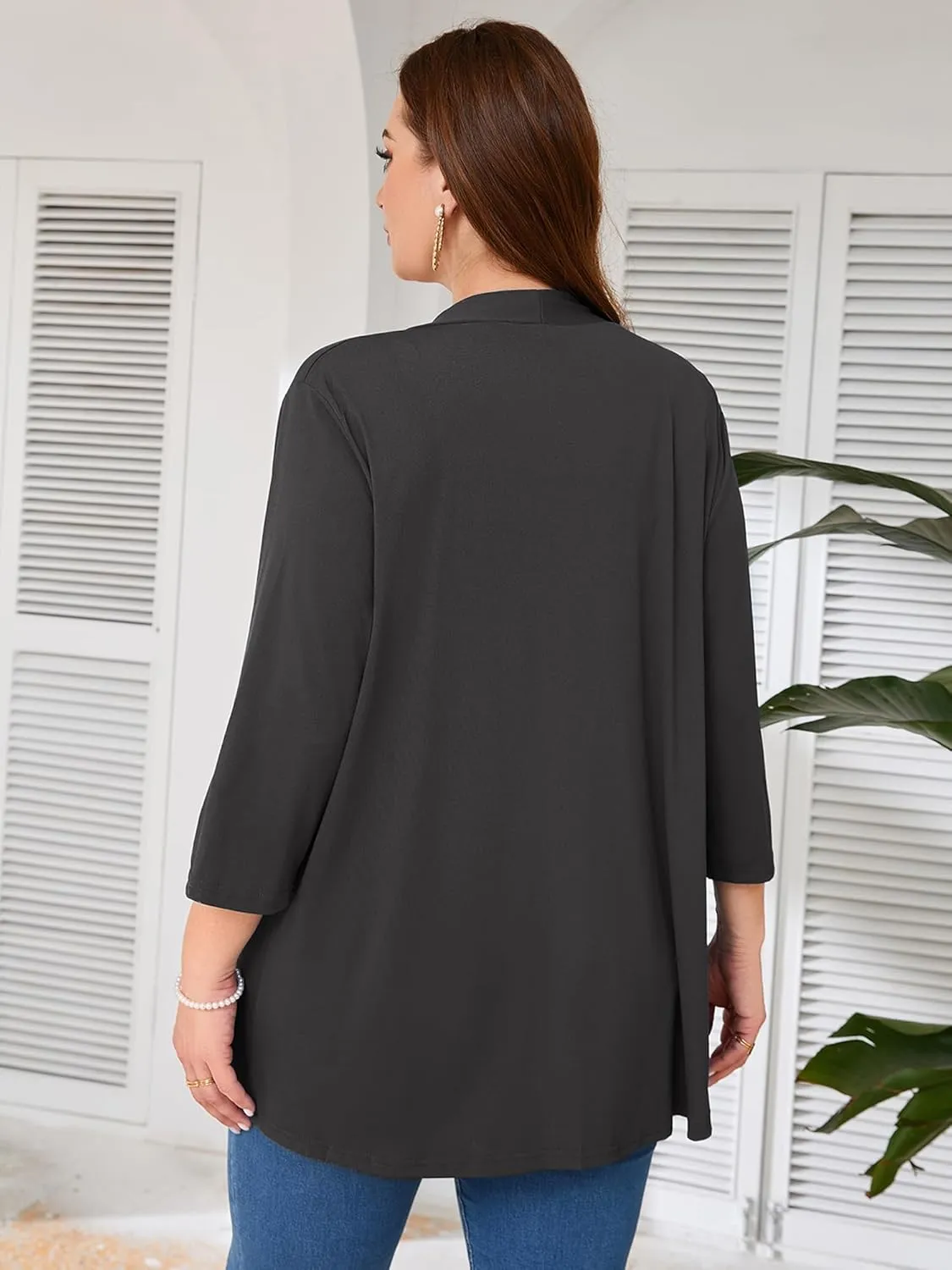 AusLook Women's Plus Size Lightweight Open Front Cardigan 3/4 Sleeve Cover Ups Shrugs Shawls and Wraps Kimono Jacket Coat