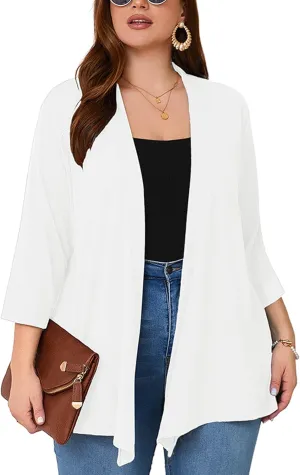 AusLook Women's Plus Size Lightweight Open Front Cardigan 3/4 Sleeve Cover Ups Shrugs Shawls and Wraps Kimono Jacket Coat