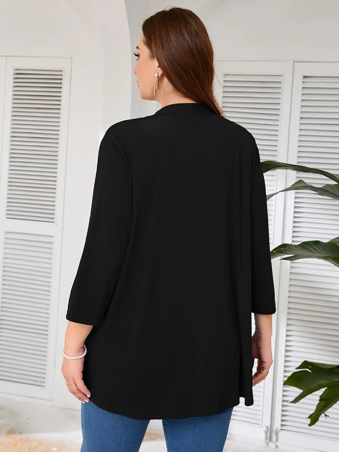 AusLook Women's Plus Size Lightweight Open Front Cardigan 3/4 Sleeve Cover Ups Shrugs Shawls and Wraps Kimono Jacket Coat