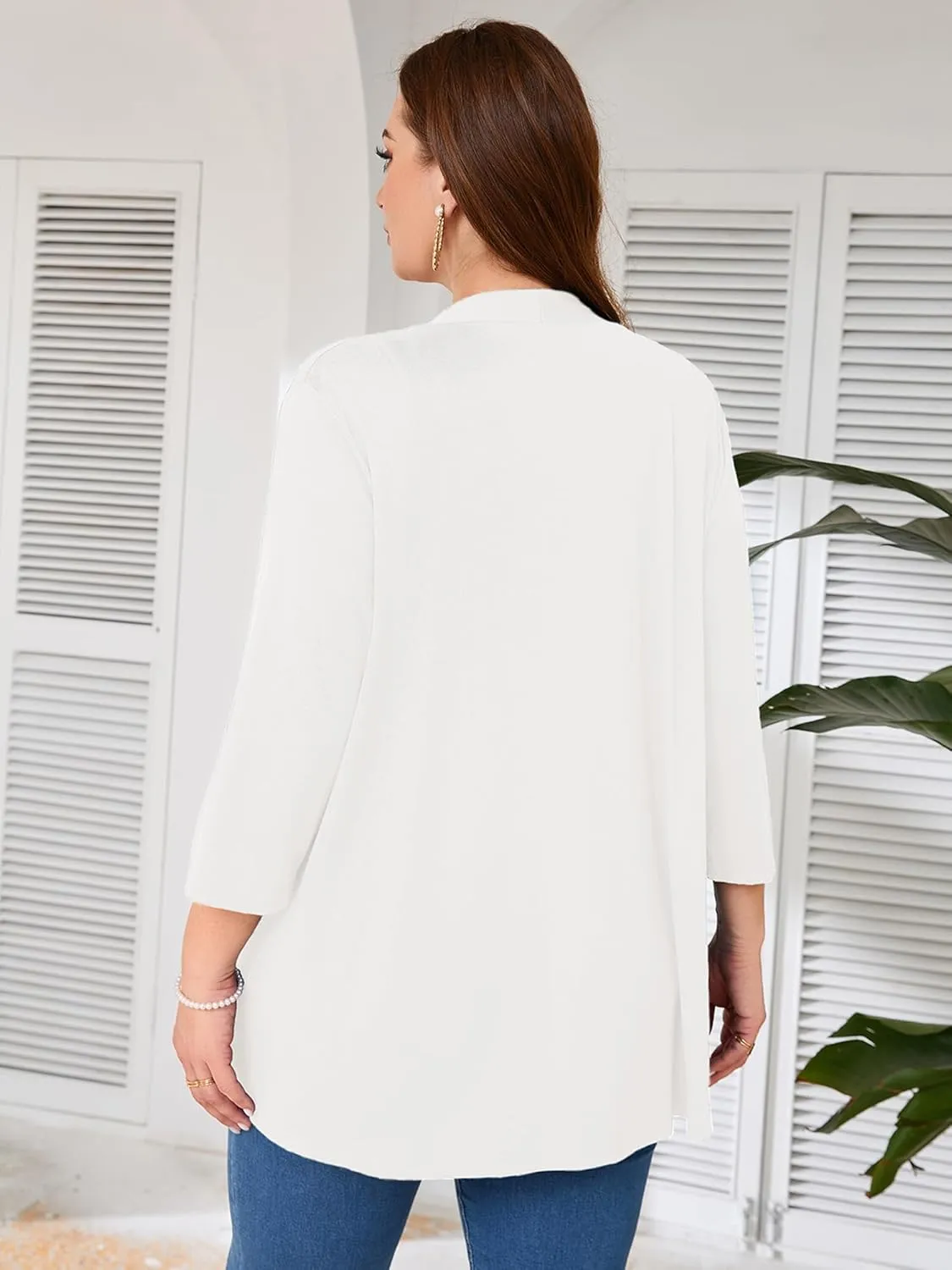 AusLook Women's Plus Size Lightweight Open Front Cardigan 3/4 Sleeve Cover Ups Shrugs Shawls and Wraps Kimono Jacket Coat