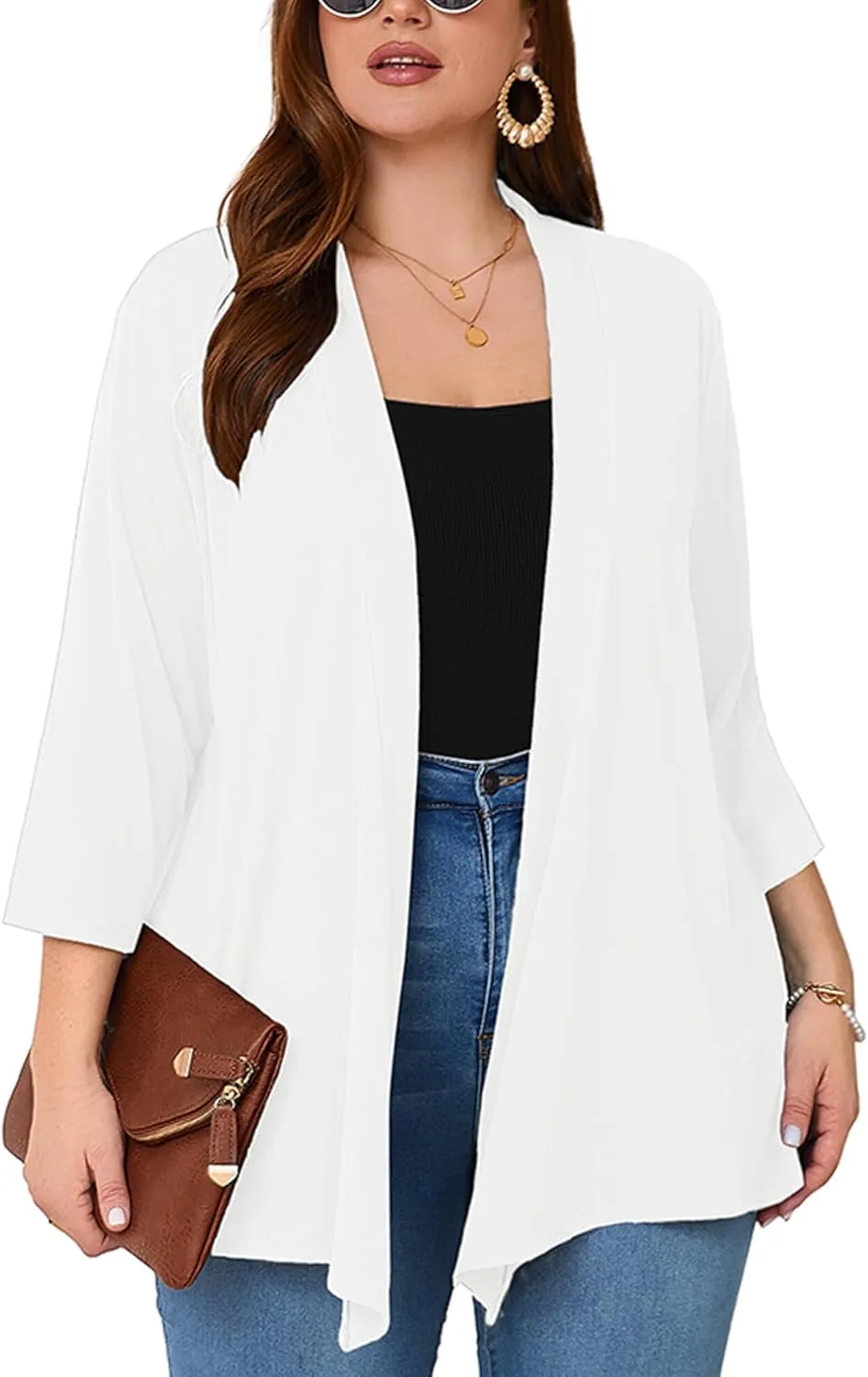 AusLook Women's Plus Size Lightweight Open Front Cardigan 3/4 Sleeve Cover Ups Shrugs Shawls and Wraps Kimono Jacket Coat