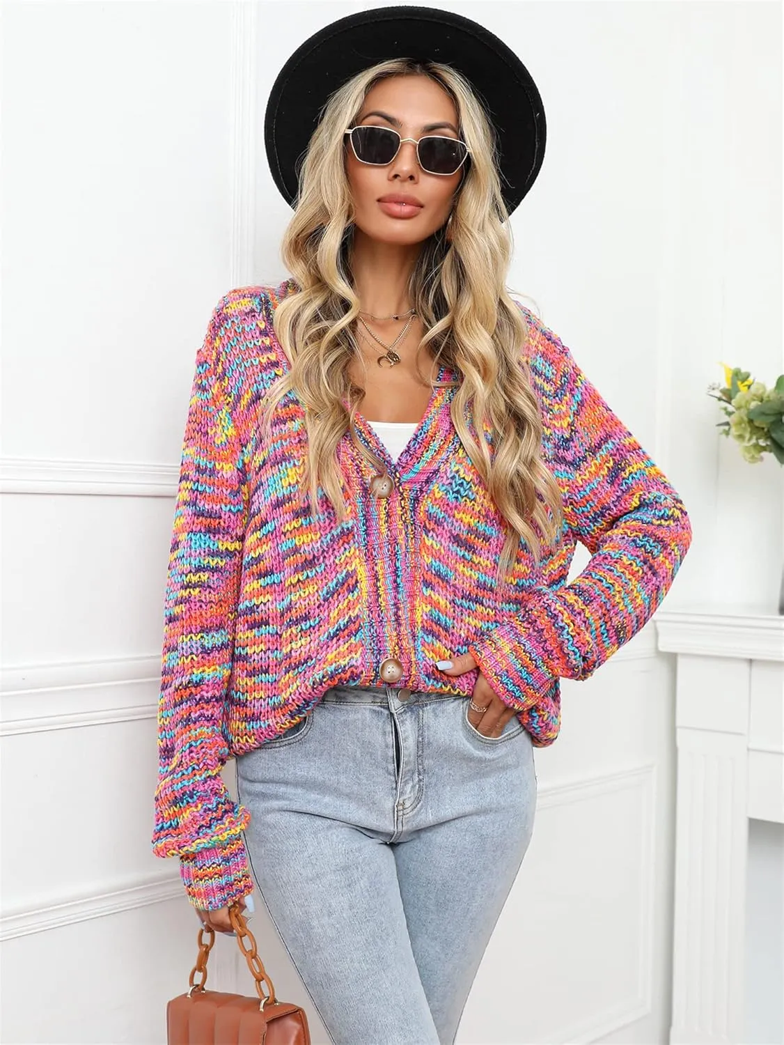 BAIMORE Women's Rainbow Knitted Cardigan Multicolor Striped Button Down Color Block Knit Sweater
