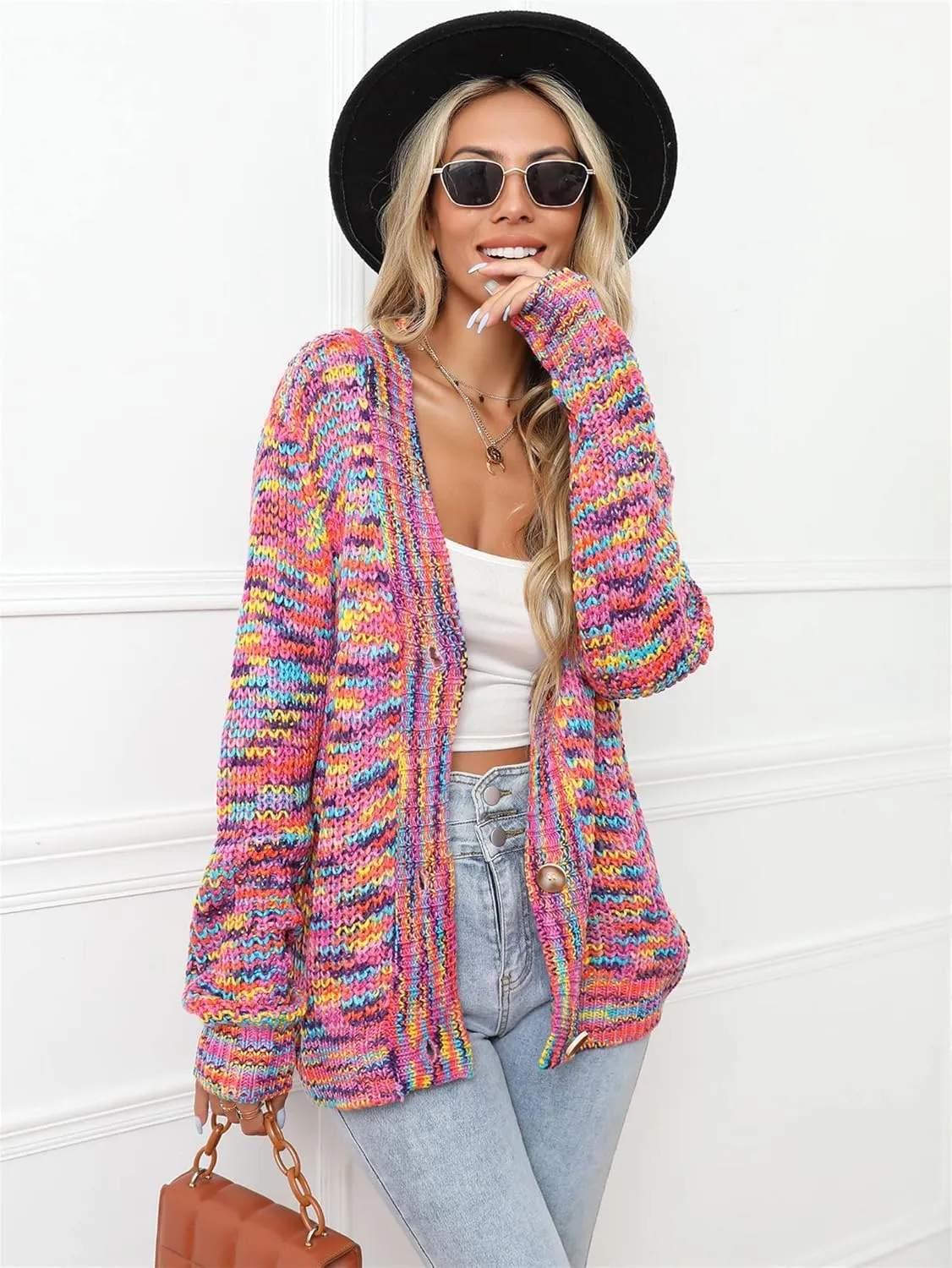 BAIMORE Women's Rainbow Knitted Cardigan Multicolor Striped Button Down Color Block Knit Sweater