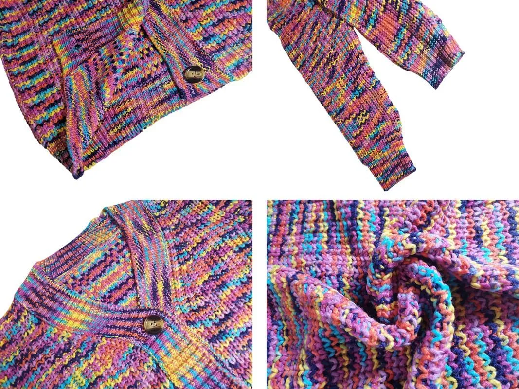 BAIMORE Women's Rainbow Knitted Cardigan Multicolor Striped Button Down Color Block Knit Sweater