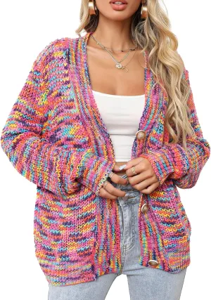 BAIMORE Women's Rainbow Knitted Cardigan Multicolor Striped Button Down Color Block Knit Sweater