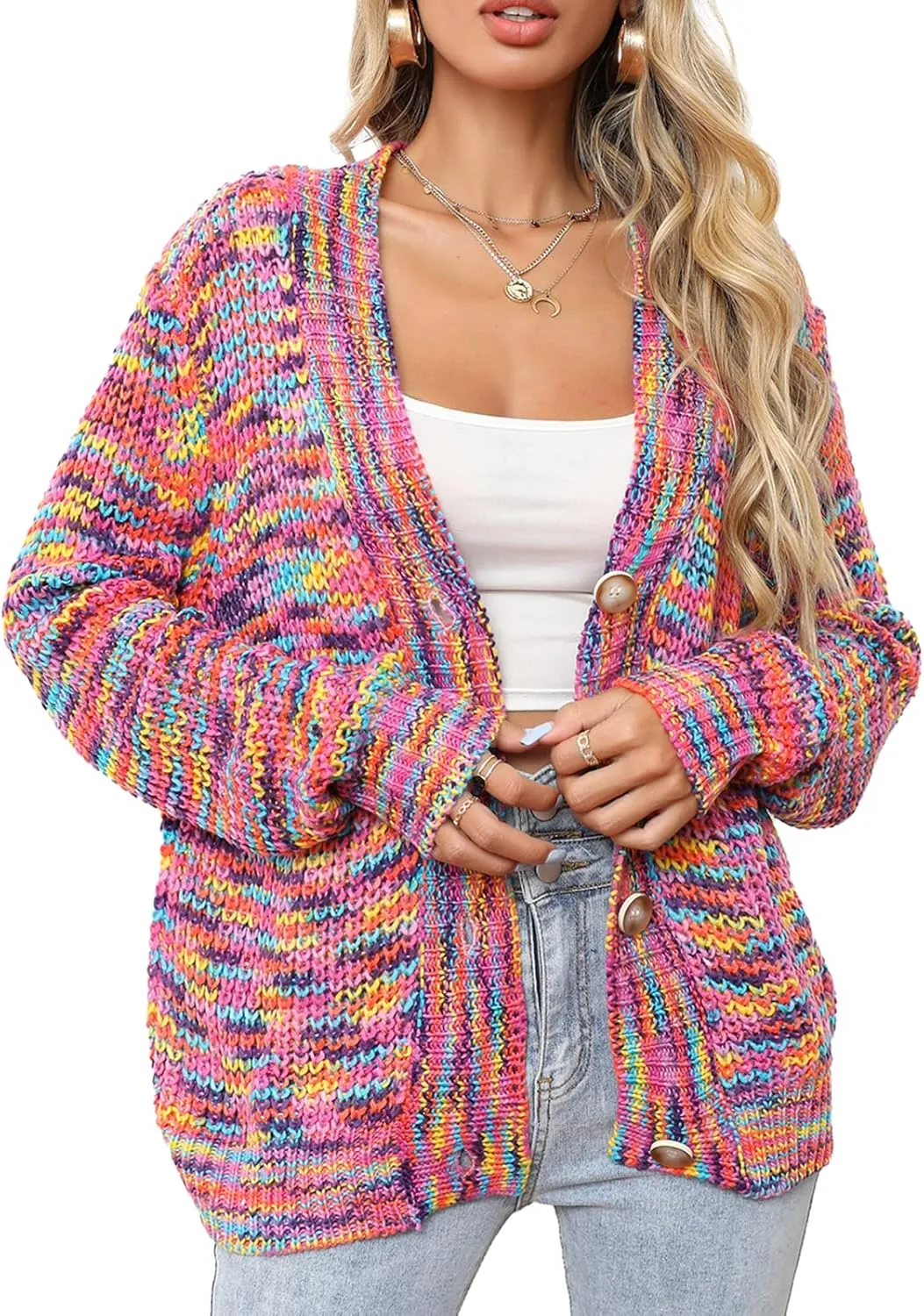 BAIMORE Women's Rainbow Knitted Cardigan Multicolor Striped Button Down Color Block Knit Sweater