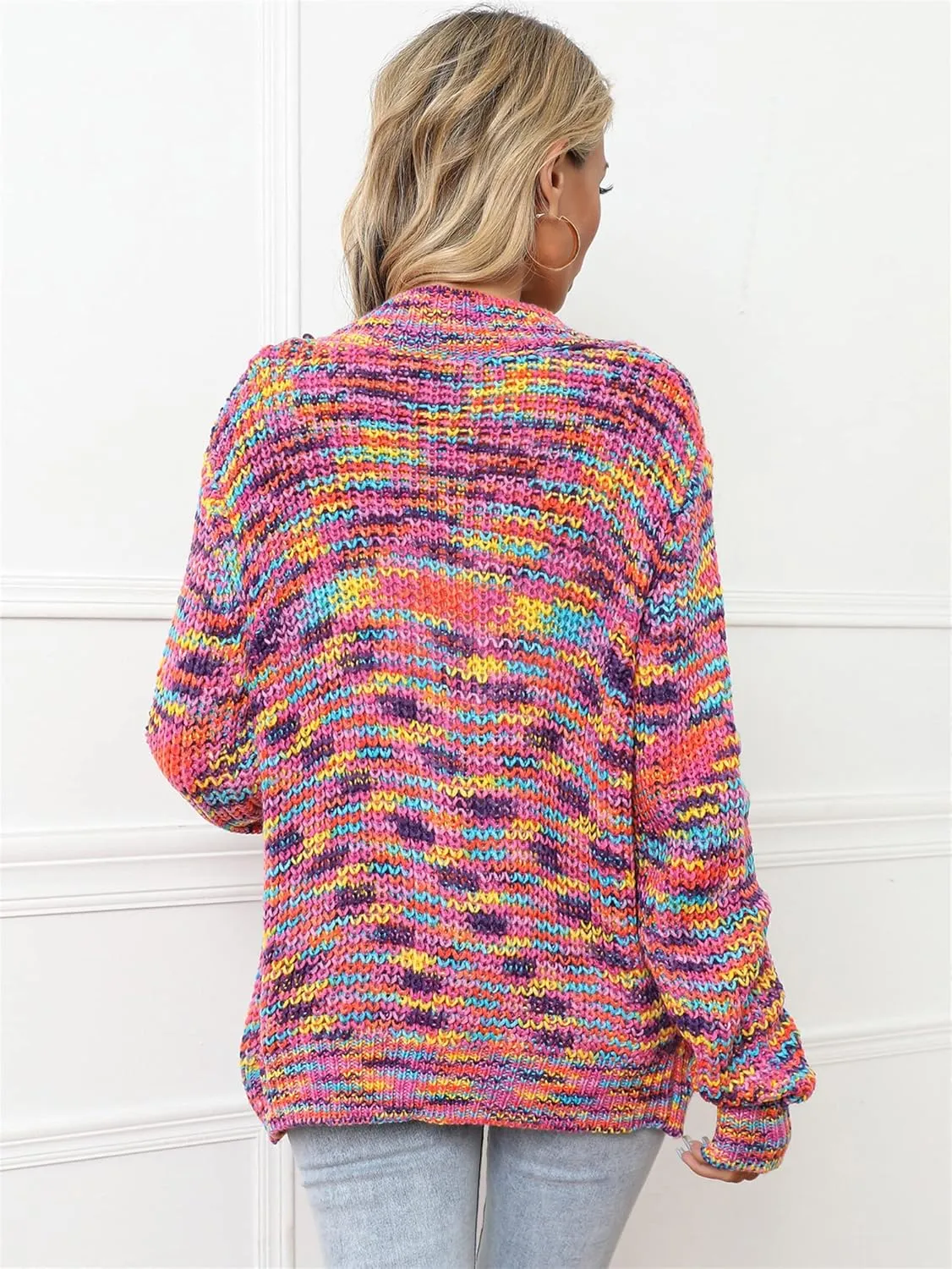BAIMORE Women's Rainbow Knitted Cardigan Multicolor Striped Button Down Color Block Knit Sweater