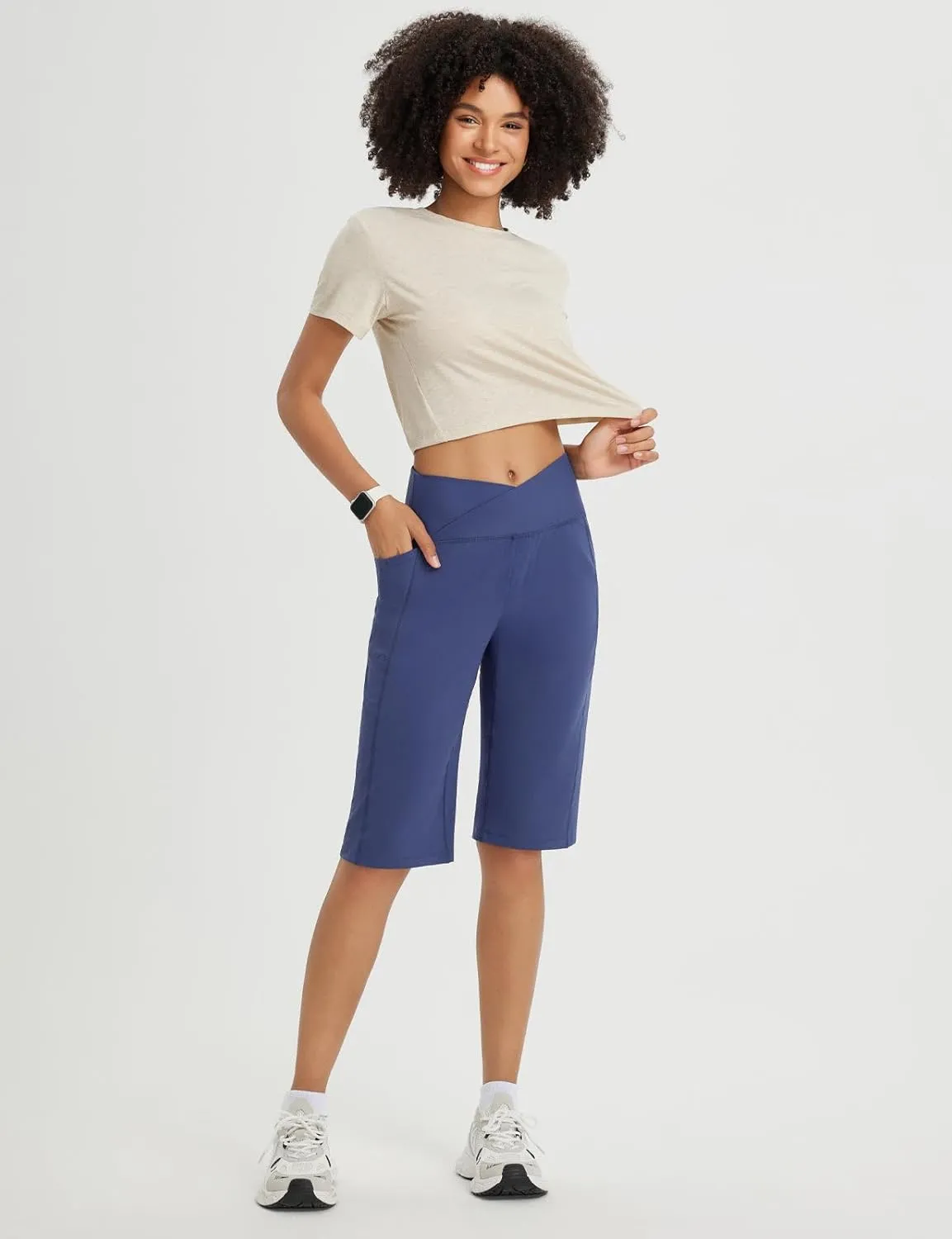 baleaf Women's Bermuda Long Shorts 14" Knee Length High Waisted Athletic Shorts with Pockets Stretch Soft Loose Casual Summer